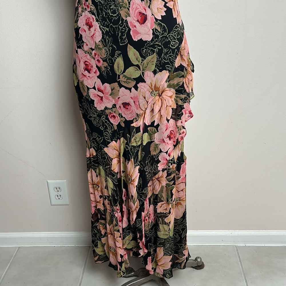 Vintage Eva Blue Chiffon Floral Layered Skirt Maxi Black Pink Dress size 12 - Picture 4 of 17
